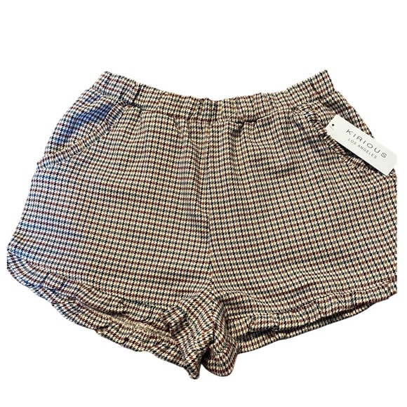 Kirious LA Houndstooth Shorts Ruffle Hem‎ High Waist Beige Brown Size S NWT - Picture 1 of 8